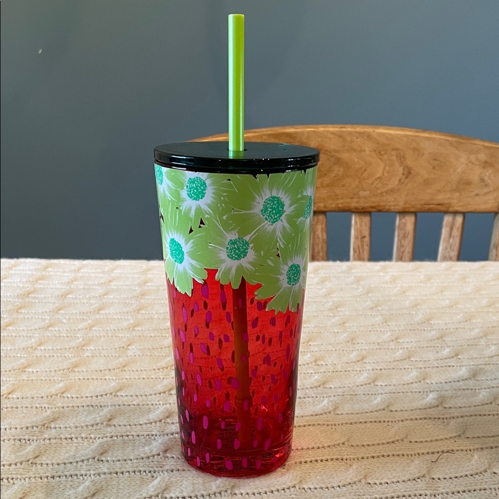 2022 Starbucks strawberry glass tumbler w/ lid and straw. Excellent condition